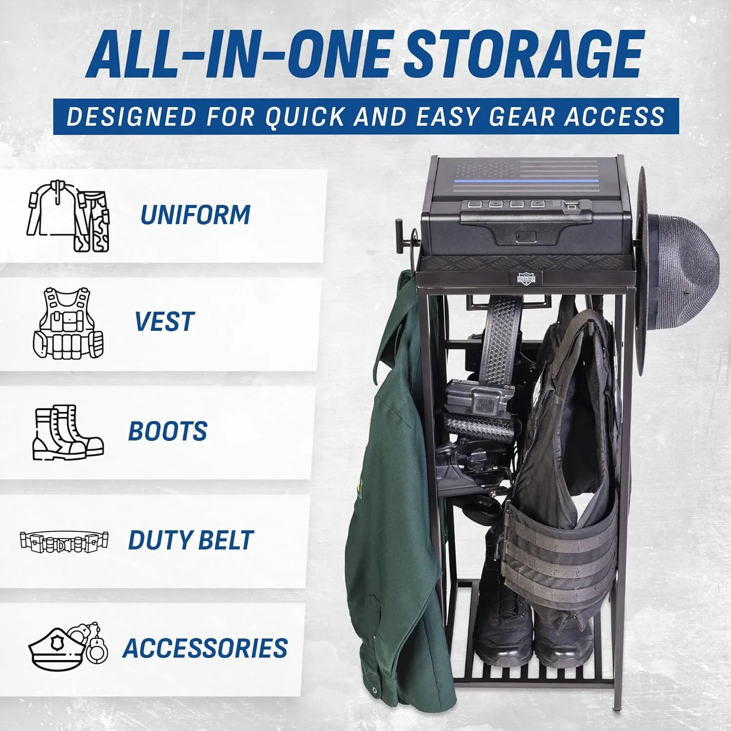 Tac Tower – Police Gear Rack with Quick Access Safe – American Flag Tactical Gear Stand – Law Enforcement Vest and Duty Belt Holder - Cop Caddy Valet Stand - Police Gift