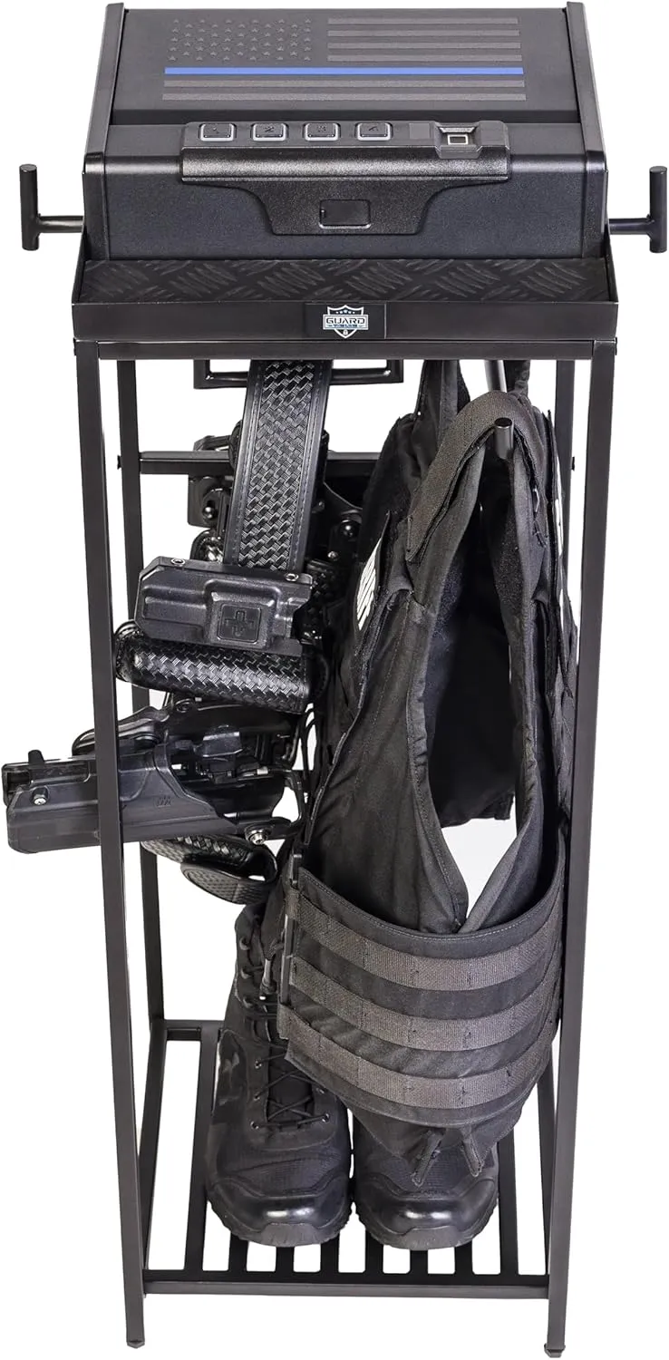Tac Tower – Police Gear Rack with Quick Access Safe – American Flag Tactical Gear Stand – Law Enforcement Vest and Duty Belt Holder - Cop Caddy Valet Stand - Police Gift