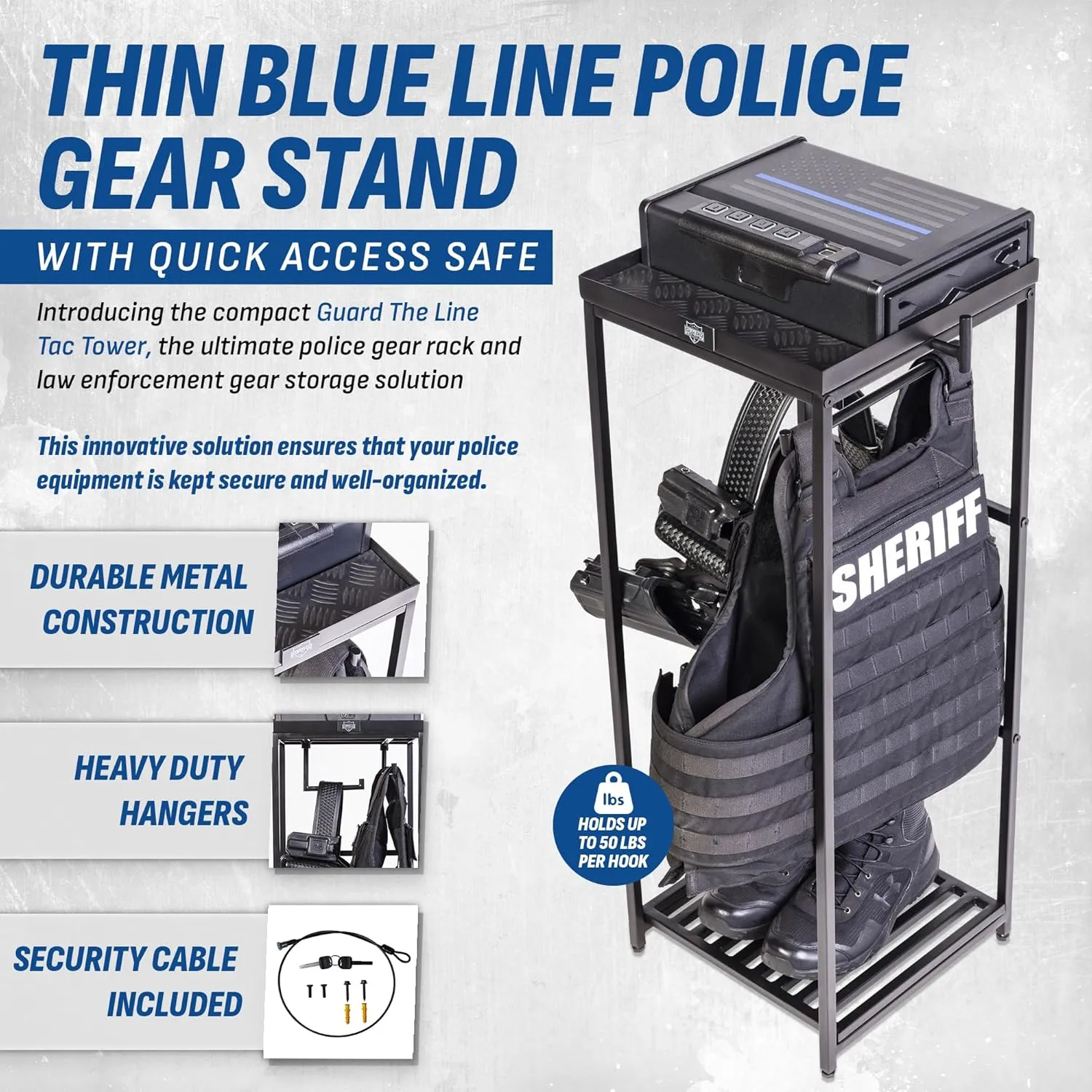 Tac Tower – Police Gear Rack with Quick Access Safe – American Flag Tactical Gear Stand – Law Enforcement Vest and Duty Belt Holder - Cop Caddy Valet Stand - Police Gift