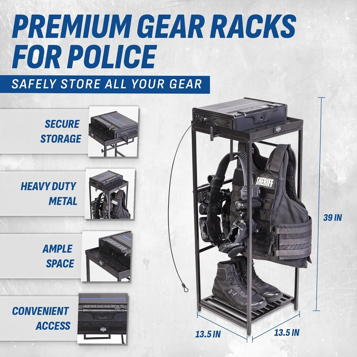 Tac Tower – Police Gear Rack with Quick Access Safe – American Flag Tactical Gear Stand – Law Enforcement Vest and Duty Belt Holder - Cop Caddy Valet Stand - Police Gift