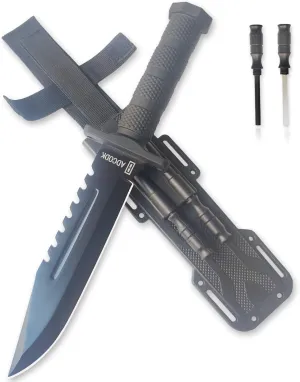 Tactical Bowie Knife with Sheath Fixed Blade Survival Hunting Knives with Non-Slip Handle and Sharpener & Fire Starter for Camping Outdoor Adventure