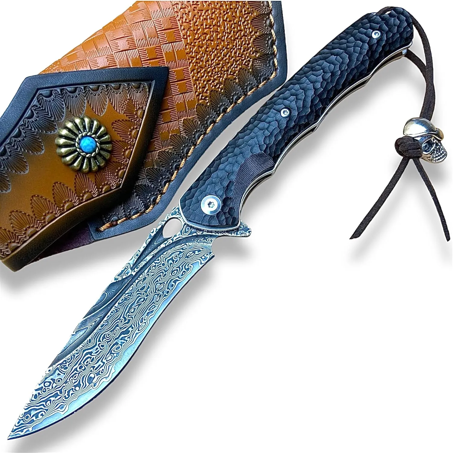 TACTICAL GEARZ Damascus Steel Pocket Knife for EDC, Ebony (Black) Wood Handle, Multi-Layered Damascus Steel Blade (Krato XT Beast Bundle)