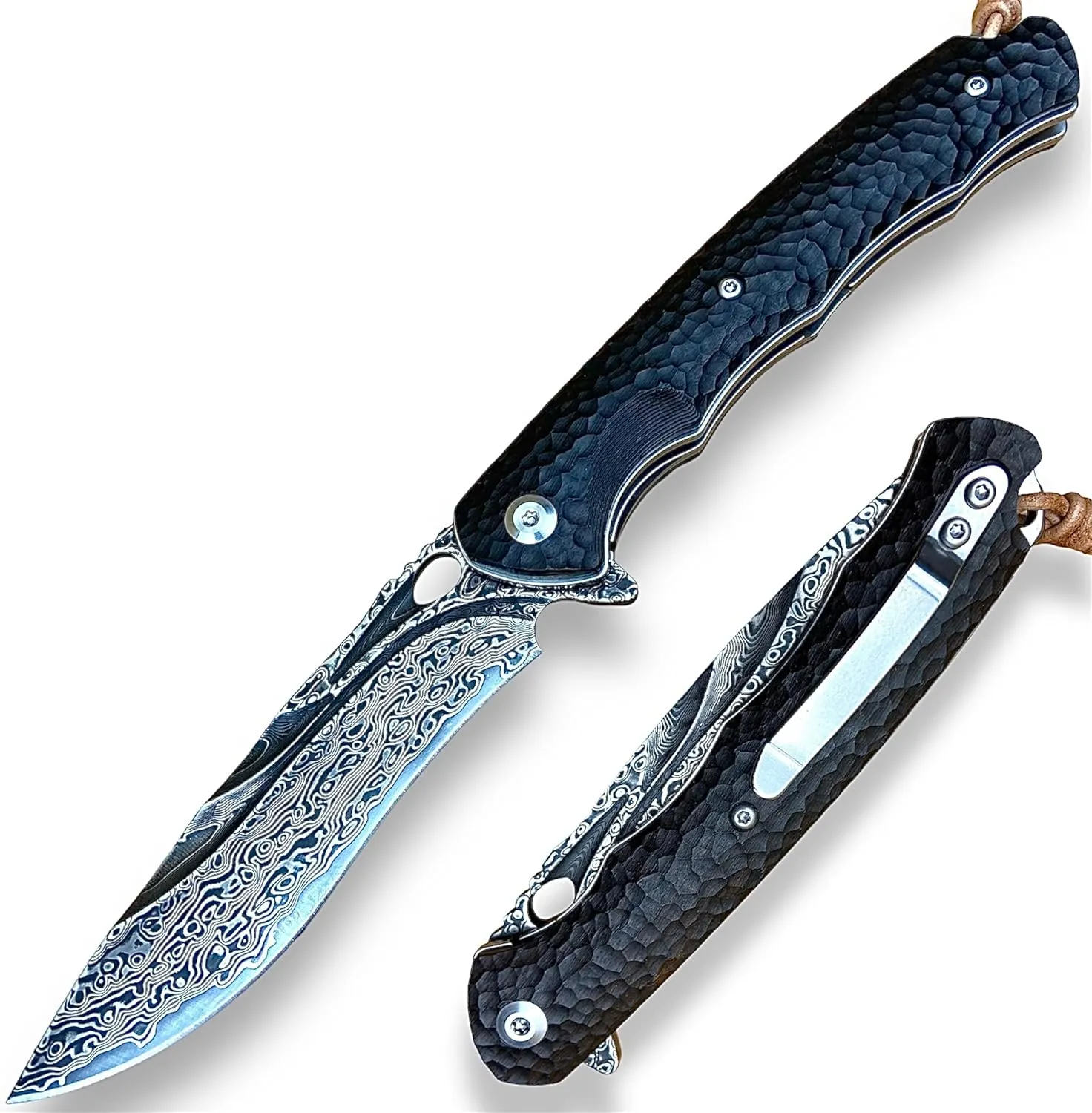 TACTICAL GEARZ Damascus Steel Pocket Knife for EDC, Ebony (Black) Wood Handle, Multi-Layered Damascus Steel Blade (Krato XT Beast Bundle)