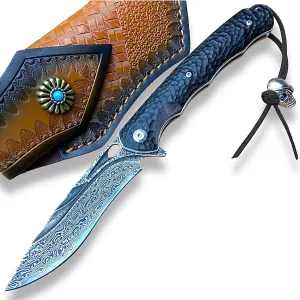 TACTICAL GEARZ Damascus Steel Pocket Knife for EDC, Ebony (Black) Wood Handle, Multi-Layered Damascus Steel Blade (Krato XT Beast Bundle)