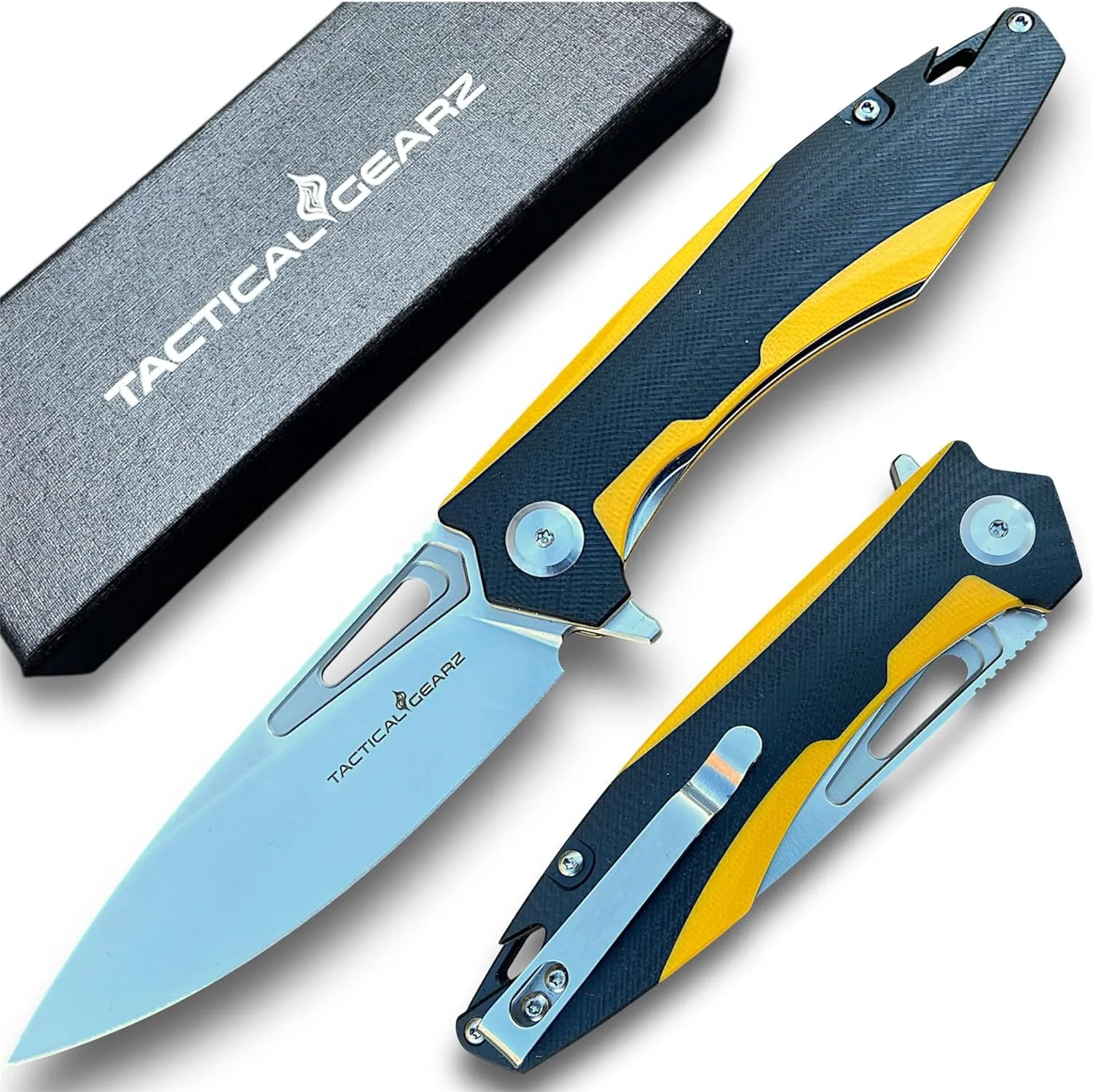 TACTICAL GEARZ Pocket Folding Knife for EDC, D2 Steel Blade, Dual Color G10 Handle, Includes Sheath (Kuma Yellow/Black)