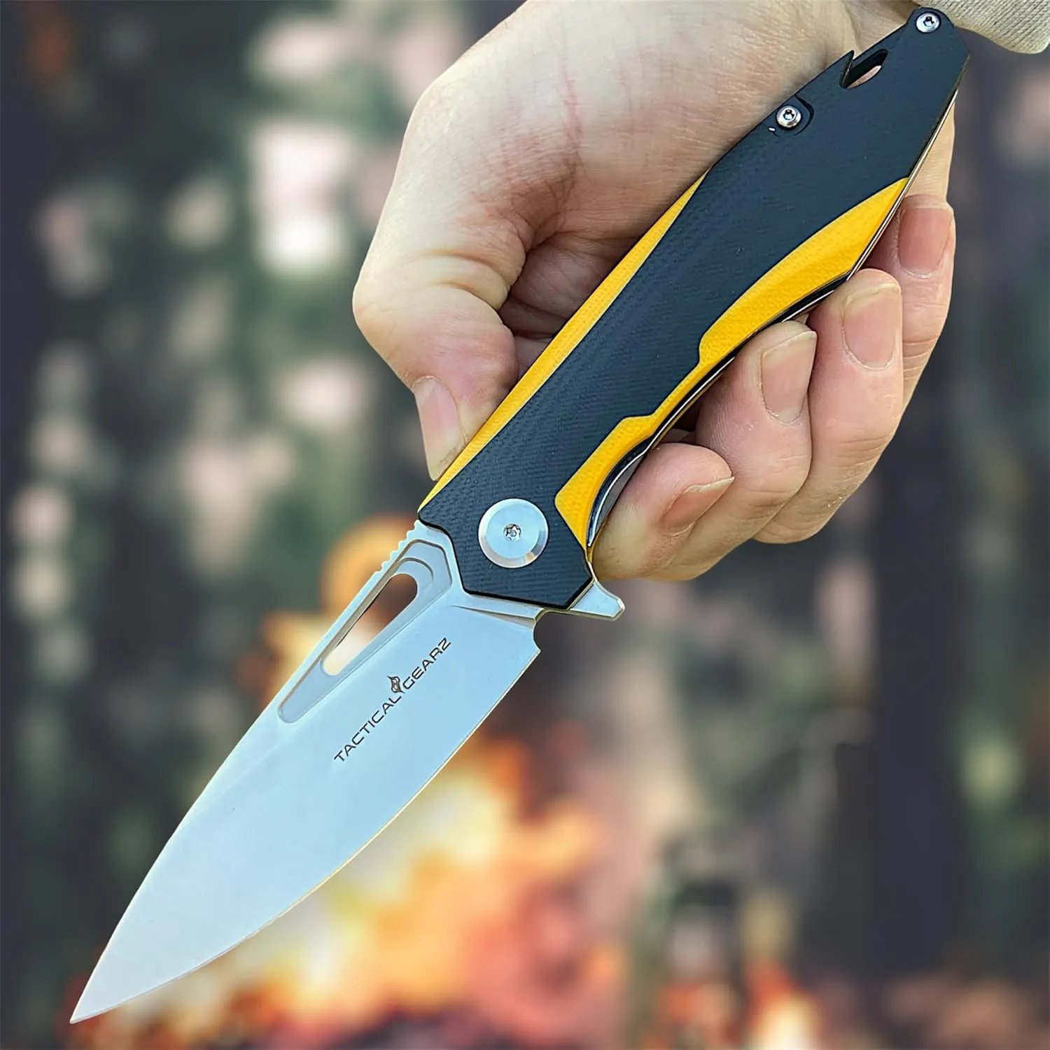 TACTICAL GEARZ Pocket Folding Knife for EDC, D2 Steel Blade, Dual Color G10 Handle, Includes Sheath (Kuma Yellow/Black)