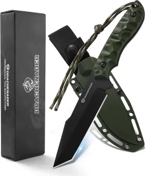 Tanto Fixed Blade Knife, B-ER-TANTO POINT 9.29" Tactical Knife with 5Cr14MoV Steel Blade, ABS Handle, Full Tang Design, Vertical Carry Sheath, Gift for Men, Green
