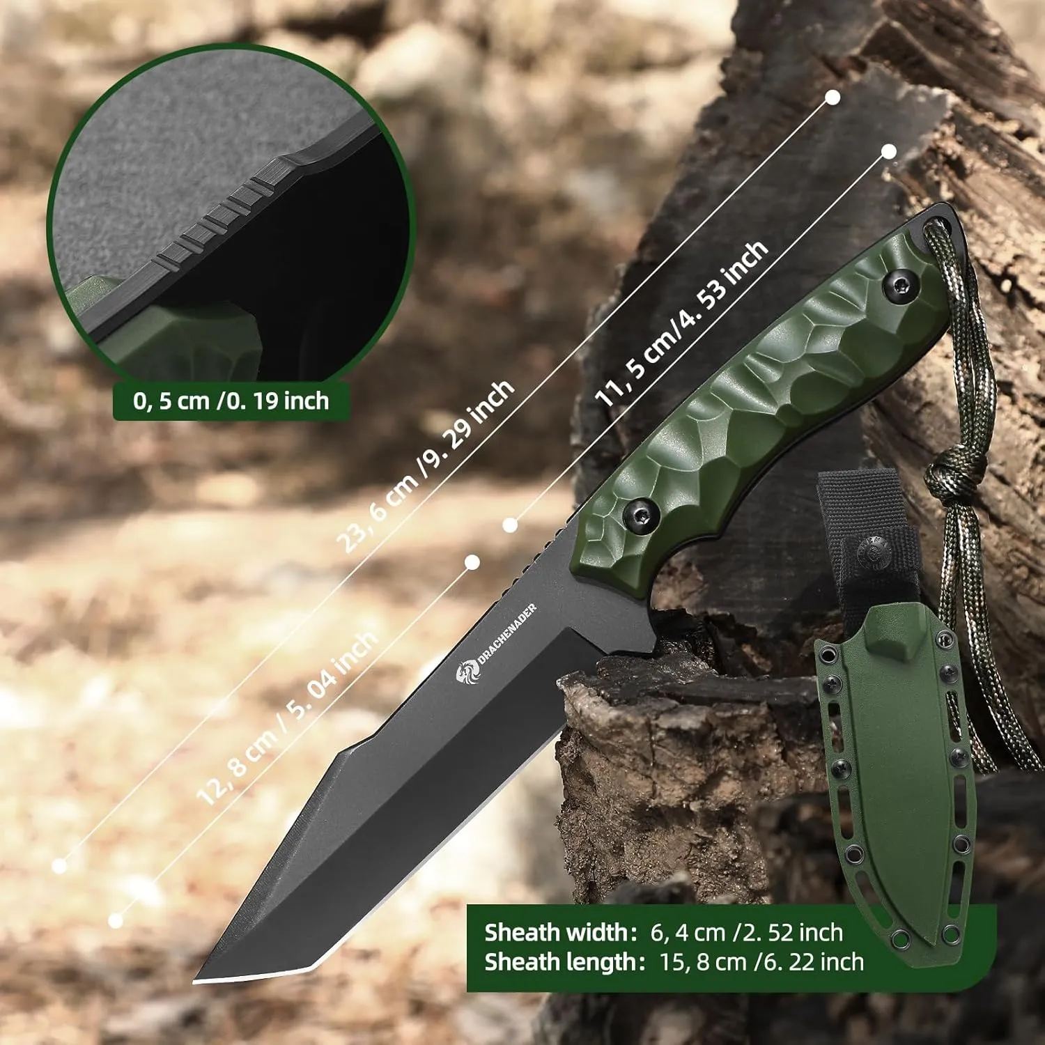 Tanto Fixed Blade Knife, B-ER-TANTO POINT 9.29" Tactical Knife with 5Cr14MoV Steel Blade, ABS Handle, Full Tang Design, Vertical Carry Sheath, Gift for Men, Green
