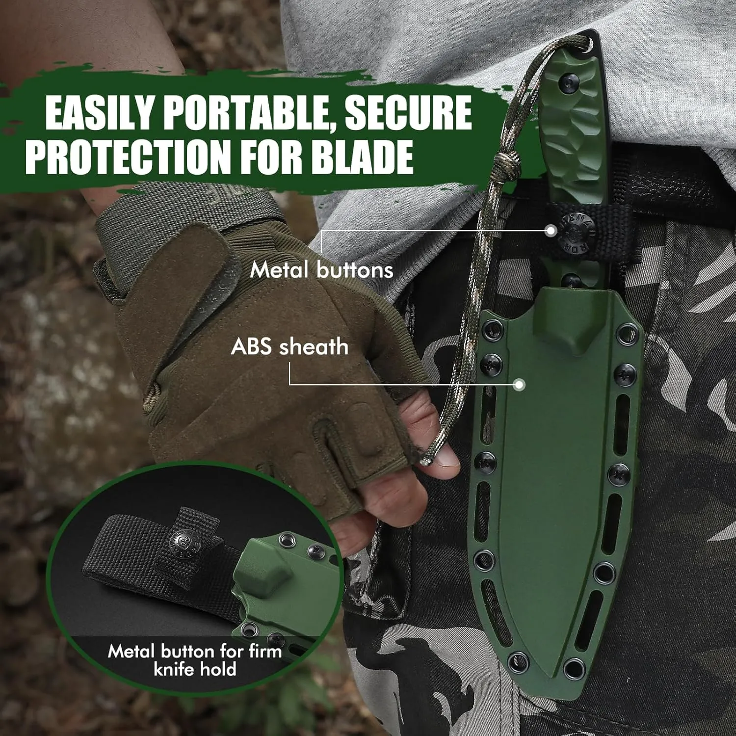 Tanto Fixed Blade Knife, B-ER-TANTO POINT 9.29" Tactical Knife with 5Cr14MoV Steel Blade, ABS Handle, Full Tang Design, Vertical Carry Sheath, Gift for Men, Green