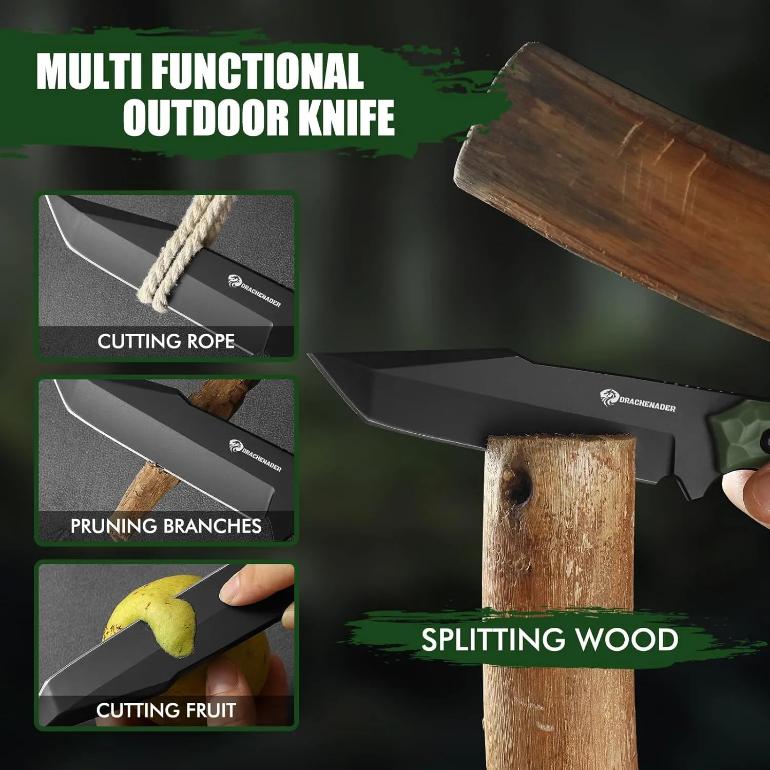 Tanto Fixed Blade Knife, B-ER-TANTO POINT 9.29" Tactical Knife with 5Cr14MoV Steel Blade, ABS Handle, Full Tang Design, Vertical Carry Sheath, Gift for Men, Green
