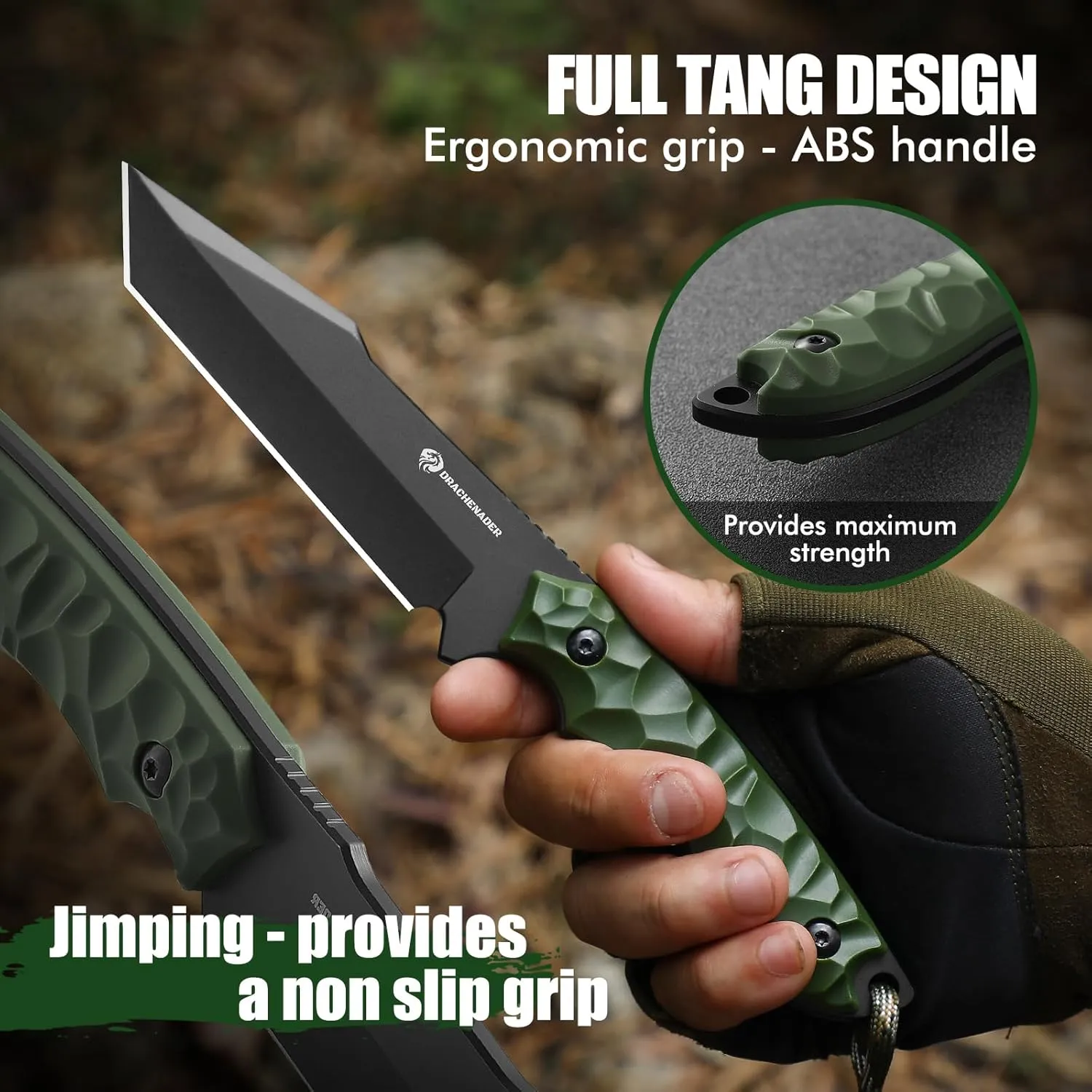 Tanto Fixed Blade Knife, B-ER-TANTO POINT 9.29" Tactical Knife with 5Cr14MoV Steel Blade, ABS Handle, Full Tang Design, Vertical Carry Sheath, Gift for Men, Green