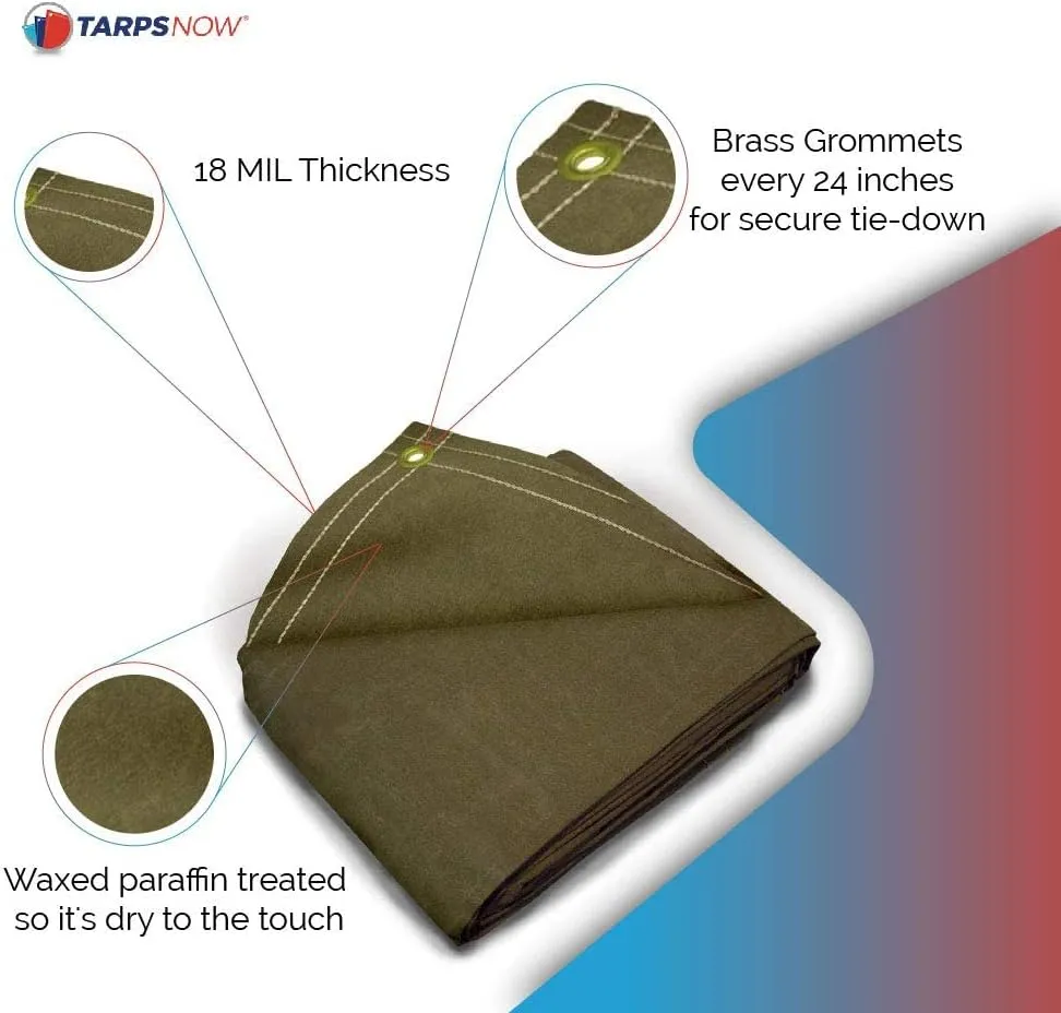 Tarps Now 7x9 ft Heavy Duty Canvas Tarp| 18 MIL Industrial Grade Fabric, Tear Resistance, Reinforced Edges, Brass Grommets | Ideal for Construction, Trucking, Manufacturing, Automotive –Olive Color