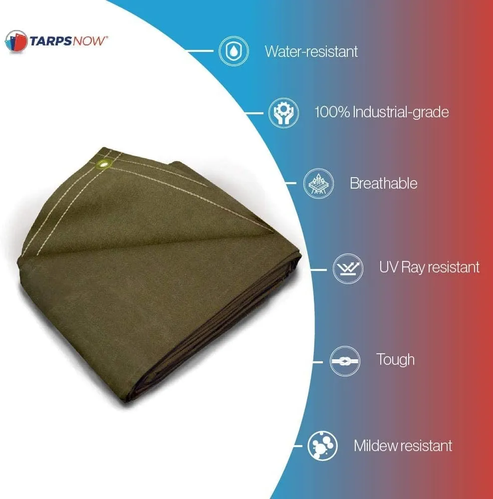 Tarps Now 7x9 ft Heavy Duty Canvas Tarp| 18 MIL Industrial Grade Fabric, Tear Resistance, Reinforced Edges, Brass Grommets | Ideal for Construction, Trucking, Manufacturing, Automotive –Olive Color