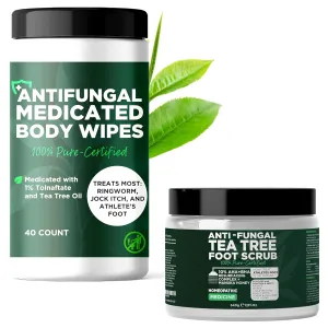 Tea Tree Foot Scrub with Salicylic & Glycolic Acid   Medicated Body Wipes with 1% Tolnaftate | Treats Athlete’s Foot, Corns, Calluses, Foot Odour, Rashes & Jock Itch | Foot Care for Men & Women | 40 W