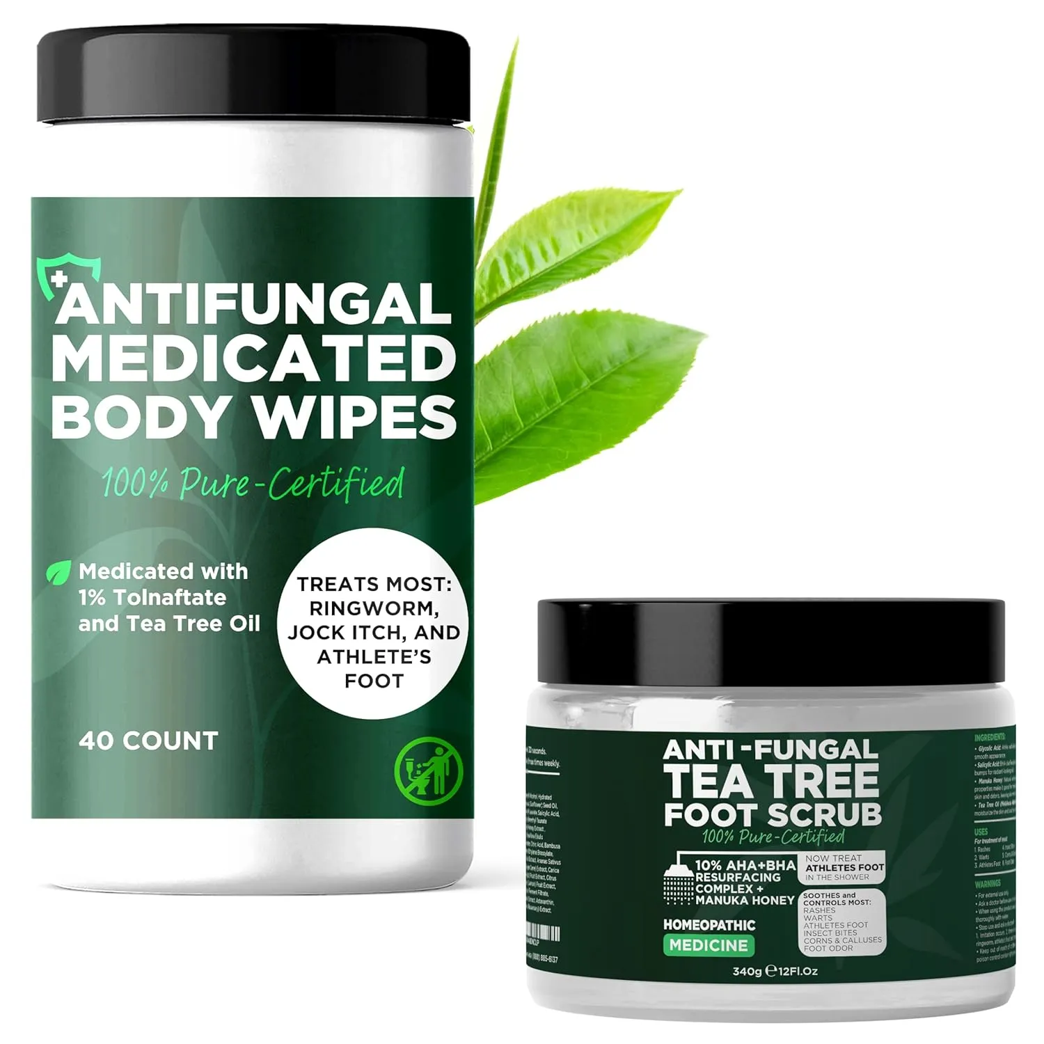 Tea Tree Foot Scrub with Salicylic & Glycolic Acid   Medicated Body Wipes with 1% Tolnaftate | Treats Athlete’s Foot, Corns, Calluses, Foot Odour, Rashes & Jock Itch | Foot Care for Men & Women | 40 W