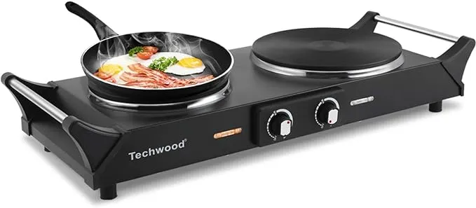 Techwood 1800W Stainless Steel Dual Hot Plate with Stay Cool Handles, Stainless Steel Hot Plate for Kitchen, Dorm, and Camping(Black