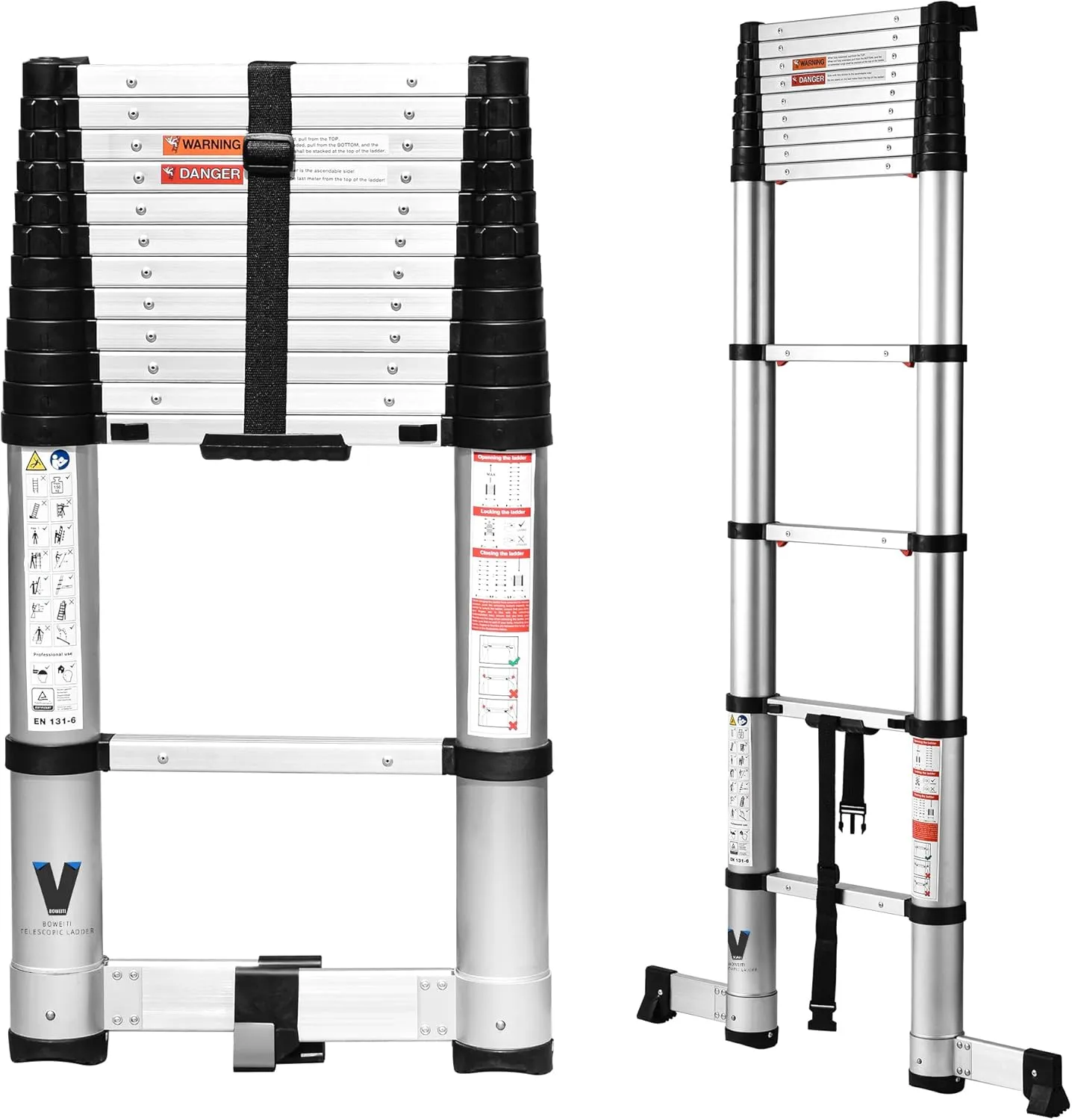 Telescoping Ladder 12.5FT,BOWEITI Extension Step Ladder One Button Retraction,Aluminum Collapsible Ladder Slow Down Design for Home RV Loft,330 lbs Max Capacity