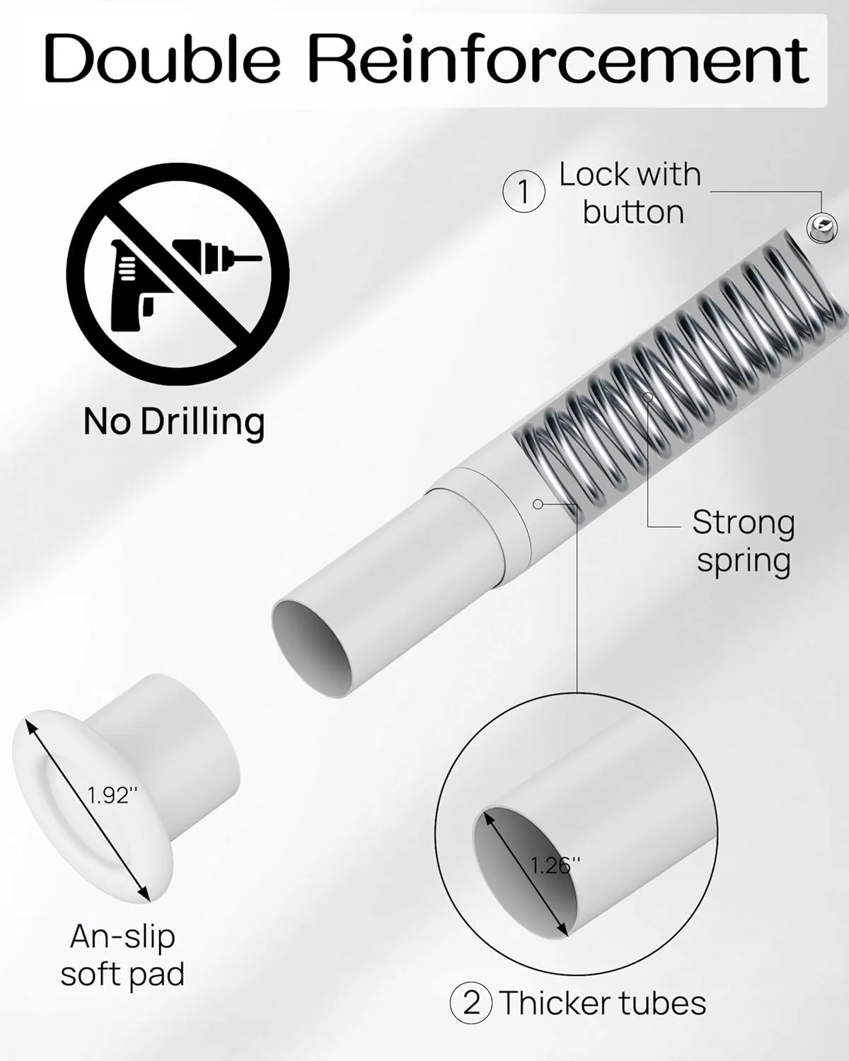 Tension Curtain Rod by EZFurni,42-123 Inches,Heavy Duty Tension Rods for Windows, No Drilling Adjustable Curtain Rod for Patio, Hold Up Blackout Curtains and Non Slip, White