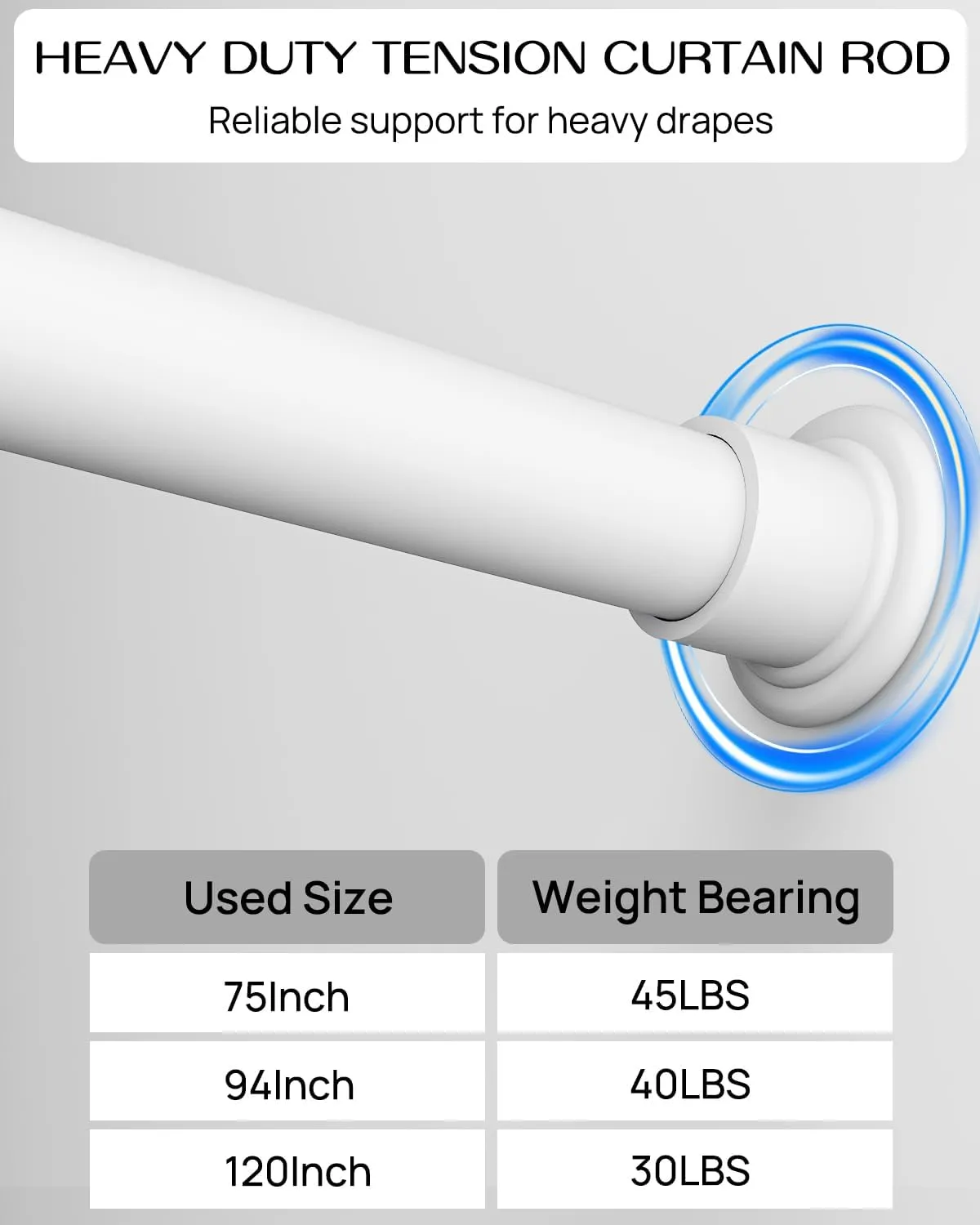 Tension Curtain Rod by EZFurni,42-123 Inches,Heavy Duty Tension Rods for Windows, No Drilling Adjustable Curtain Rod for Patio, Hold Up Blackout Curtains and Non Slip, White