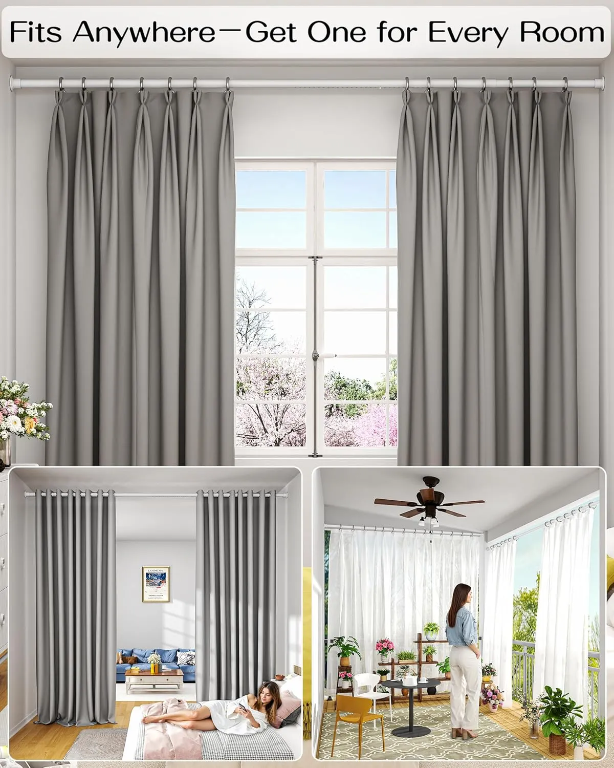 Tension Curtain Rod by EZFurni,42-123 Inches,Heavy Duty Tension Rods for Windows, No Drilling Adjustable Curtain Rod for Patio, Hold Up Blackout Curtains and Non Slip, White