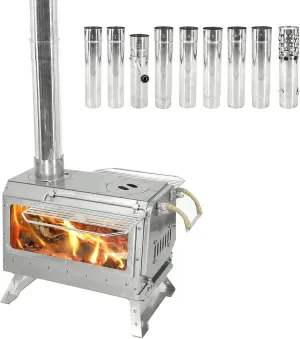 Tent Stove, Secondary Combustion Portable Wood Burning Stove with Side Glass, 430 Stainless Steel Camping Stoves for Winter Hunting Shelter and Outdoor Cooking, Chimney Pipes Included