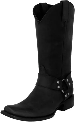 Texas Legacy Mens Rider Black Western Cowboy Boots Leather Harness Square Toe