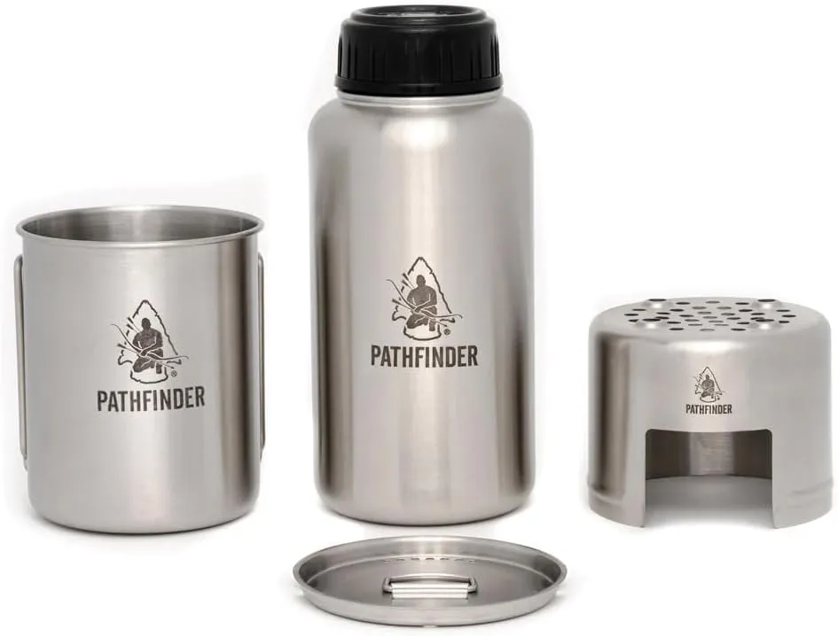 The Pathfinder School Stainless Steel 32oz Water Bottle, Cup with Bat Wing Handles, and Stove Set