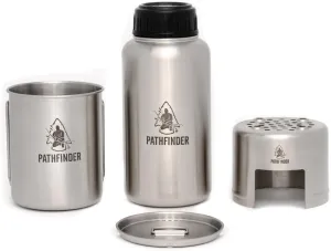The Pathfinder School Stainless Steel 32oz Water Bottle, Cup with Bat Wing Handles, and Stove Set