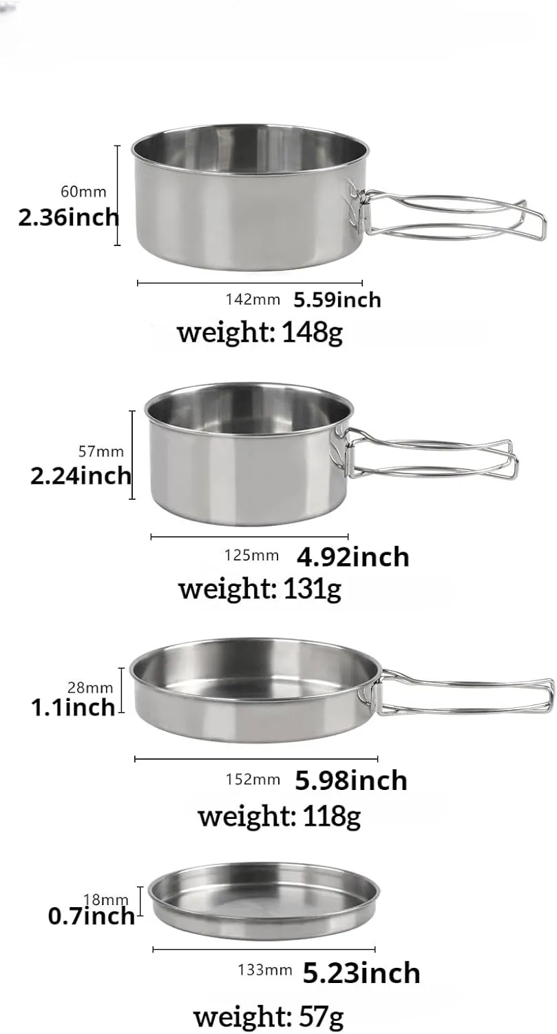 The stainless steel outdoor camping cookware set, featuring portable foldable handles, is suitable for picnics, camping, fishing, and road trips