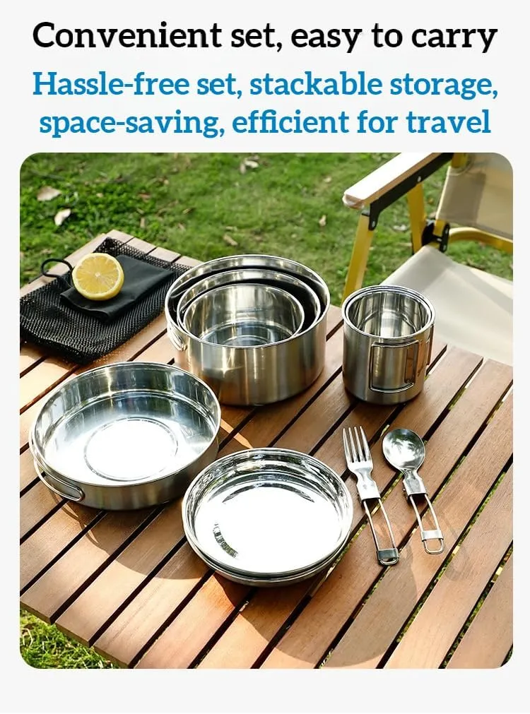 The stainless steel outdoor camping cookware set, featuring portable foldable handles, is suitable for picnics, camping, fishing, and road trips