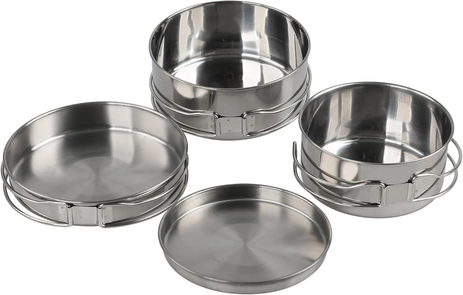 The stainless steel outdoor camping cookware set, featuring portable foldable handles, is suitable for picnics, camping, fishing, and road trips