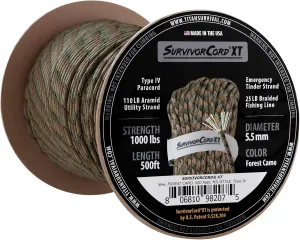 Titan Survival's Patented 1000 LB Survival Paracord – USA Made - Military Style 750 Cord with Firestarter, Fishing Line, and Kevlar Strands - Heavy Duty Camping Cordage - Lengths & Color Options