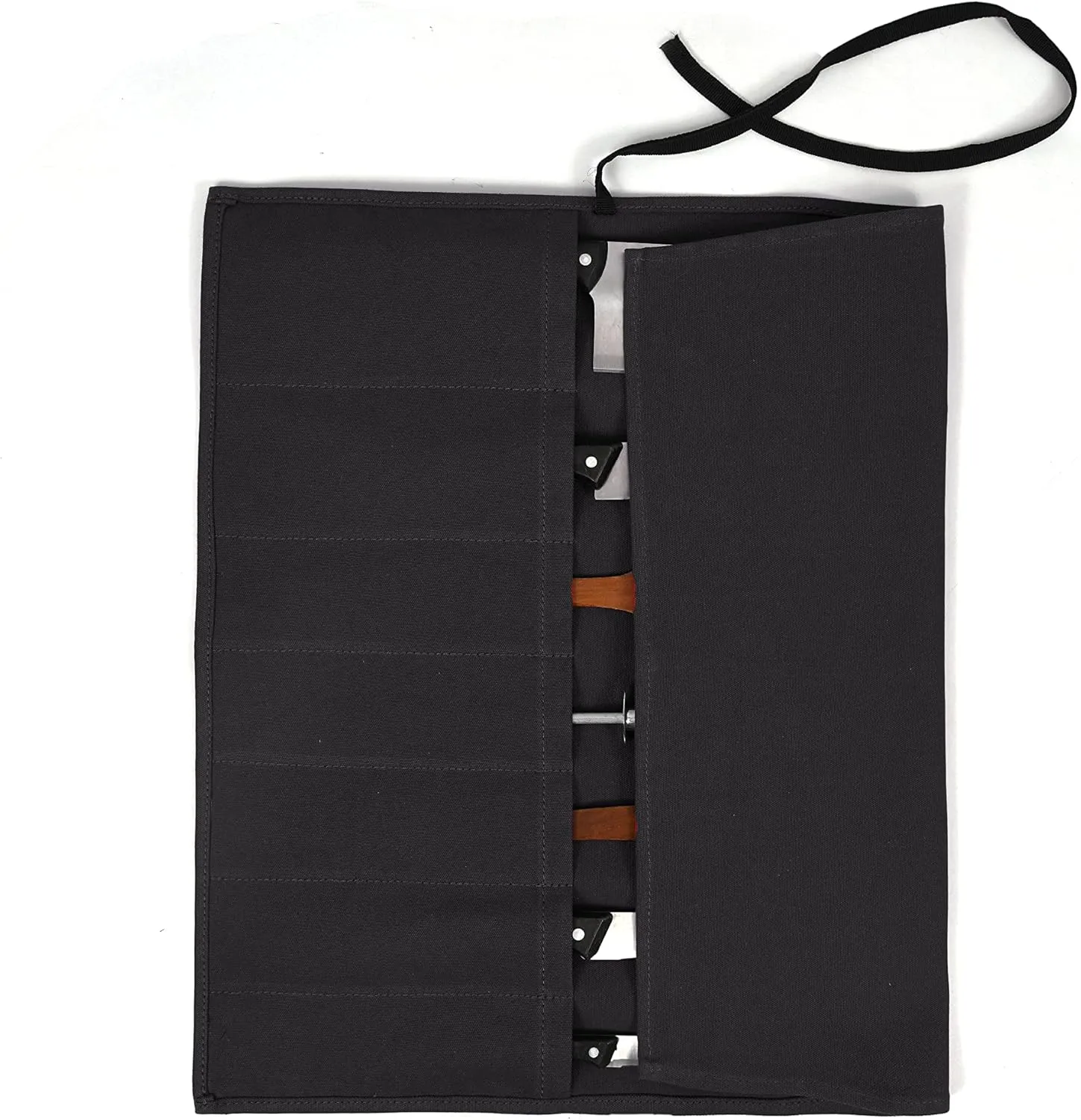 Tolredo Heavy Duty Waxed Canvas Knife Roll Bag, Water Resistant, Portable & Durable Chef Knife bag, 7 Knife Slot (Raven Black, 26" x 22")