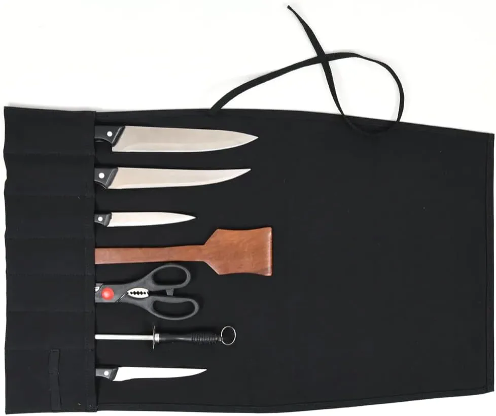 Tolredo Heavy Duty Waxed Canvas Knife Roll Bag, Water Resistant, Portable & Durable Chef Knife bag, 7 Knife Slot (Raven Black, 26" x 22")