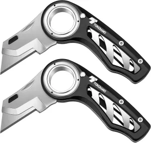 Tondiamo 2 Pcs Folding Pocket Utility Knife Heavy Duty Box Cutter Folding Razor Knife with Anti Slip Finger Loop Easy Change Blades 3 Lock Positions Design(Black)