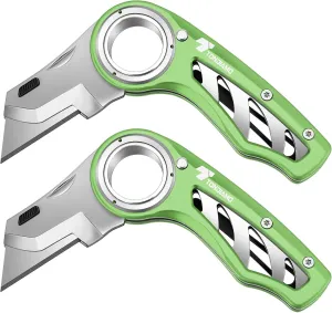 Tondiamo 2 Pcs Folding Pocket Utility Knife Heavy Duty Box Cutter Folding Razor Knife with Anti Slip Finger Loop Easy Change Blades 3 Lock Positions Design(Green)