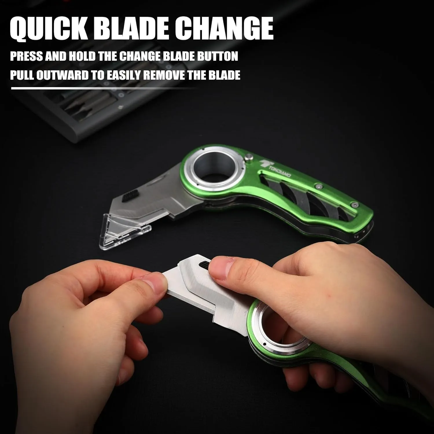 Tondiamo 2 Pcs Folding Pocket Utility Knife Heavy Duty Box Cutter Folding Razor Knife with Anti Slip Finger Loop Easy Change Blades 3 Lock Positions Design(Green)