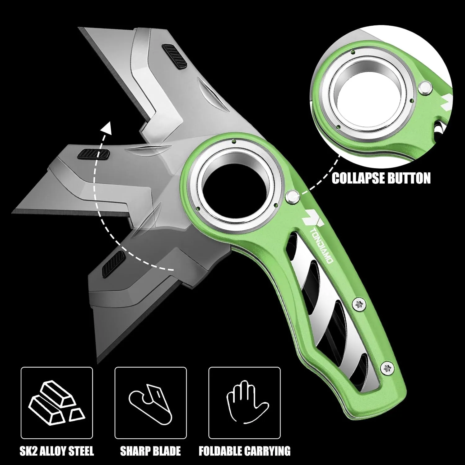 Tondiamo 2 Pcs Folding Pocket Utility Knife Heavy Duty Box Cutter Folding Razor Knife with Anti Slip Finger Loop Easy Change Blades 3 Lock Positions Design(Green)