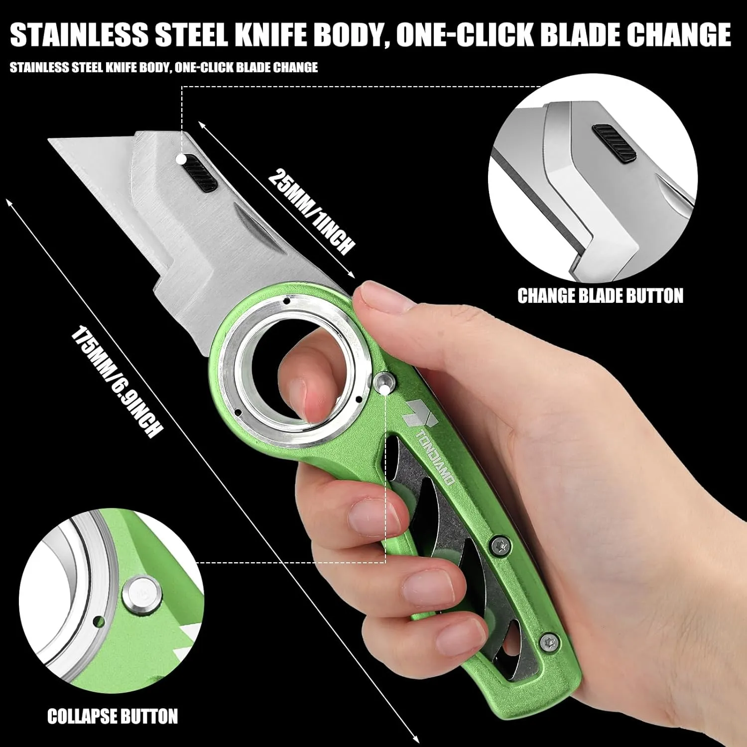 Tondiamo 2 Pcs Folding Pocket Utility Knife Heavy Duty Box Cutter Folding Razor Knife with Anti Slip Finger Loop Easy Change Blades 3 Lock Positions Design(Green)