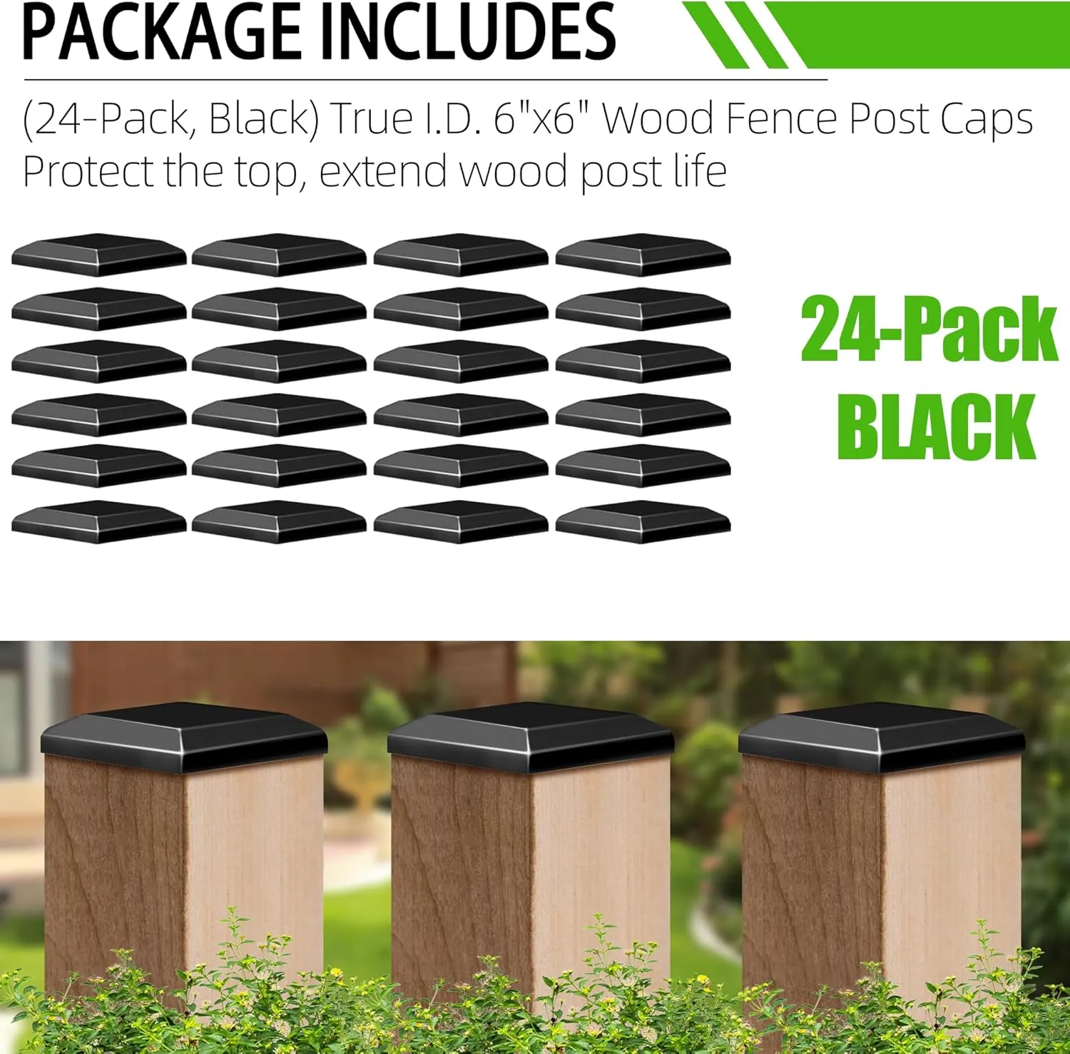 TonGass (24-Pack, Black) True I.D. 6"x6" Wood Fence Post Caps - Wooden Fence Cover Deck Post Cap, Durable Plastic Water-Proof and UV-Proof, Protect Wooden Poles from Cracking and Rotting