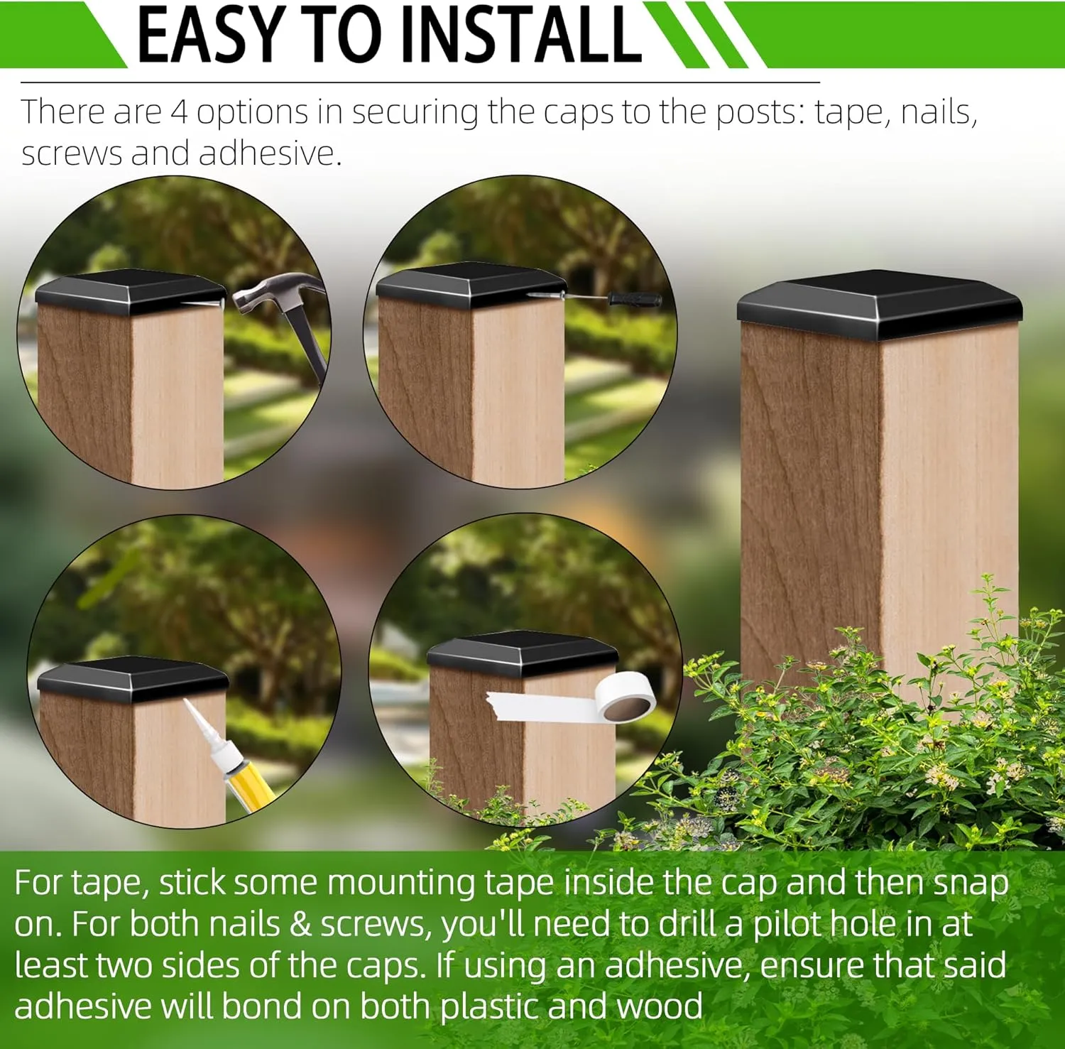 TonGass (24-Pack, Black) True I.D. 6"x6" Wood Fence Post Caps - Wooden Fence Cover Deck Post Cap, Durable Plastic Water-Proof and UV-Proof, Protect Wooden Poles from Cracking and Rotting