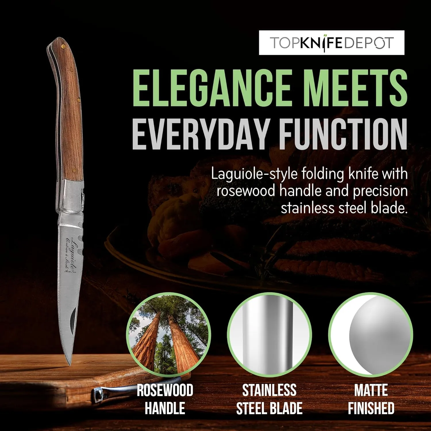 TopKnife Laguiole 4-1/2" Multipurpose Folding Steak Knife – Elegant Rosewood Handle, Stainless Steel Blade – Compact, Ideal for Personal Dining & Outdoor Meals – Comes in a Well-Made Magnetic Gift Box