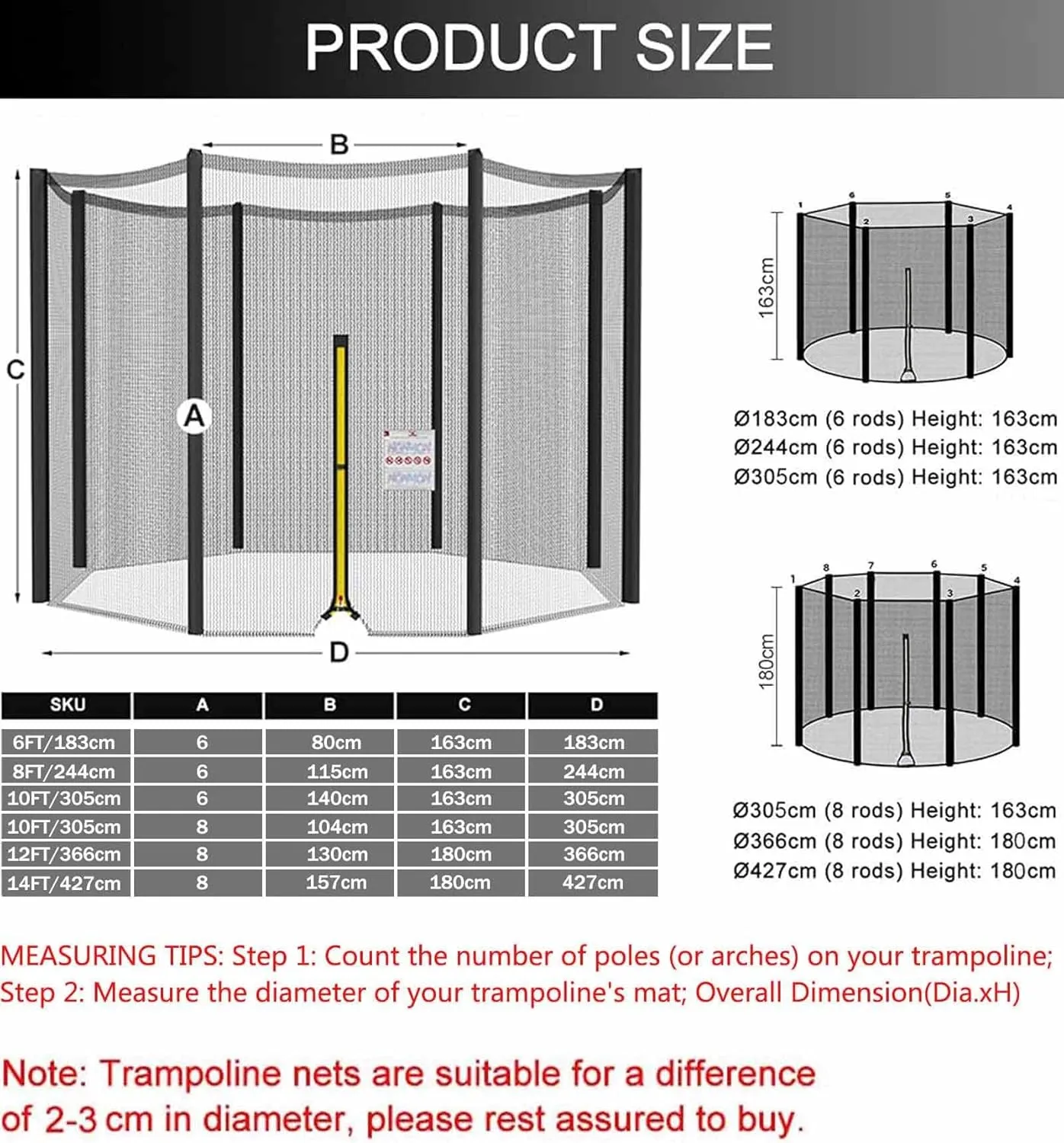 Trampoline Net Replacement Safety Enclosure Net Netting - 8FT 10FT 12FT 13FT 14FT Plum Trampoline Net with Double Headed Zippers, UV Resistant, Breathable, Easy to Fit (Size : 12FT 8 Poles)