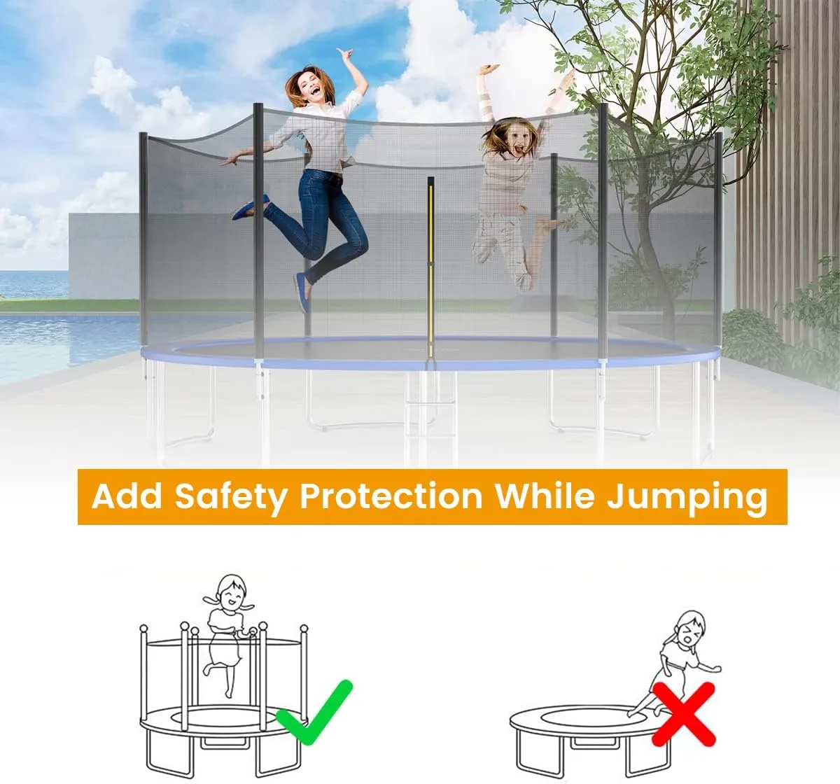 Trampoline Net Replacement Safety Net Enclosure for 6—16 FT with 6 or 8 or 12 Poles, Breathable, Tear-Resistant (Net Only)