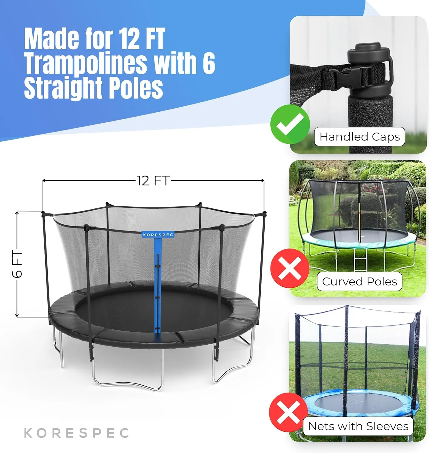 Trampoline Net Replacement with 6 Pole Caps and 4 Strings, Safety Enclosure Net, Premium Breathable UV Weather Resistant Mesh, Parts Fit Outdoor Round Frame with 6 Straight Poles