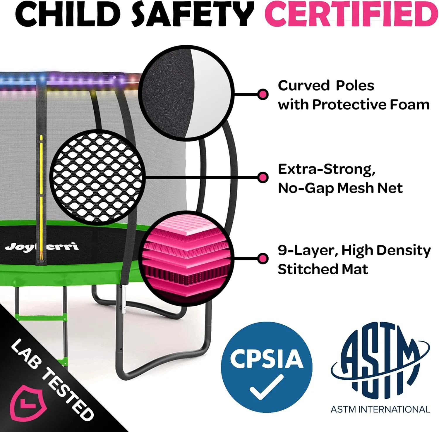 Trampoline Outdoor - ASTM Certified Safe, 8Ft, 10Ft, 12Ft, 14Ft, 15Ft, 16Ft Recreational Trampoline for Kids and Adults. Anti-Rust Coating with Enclosure Net, Ladder, Sprinkler & LED Lights