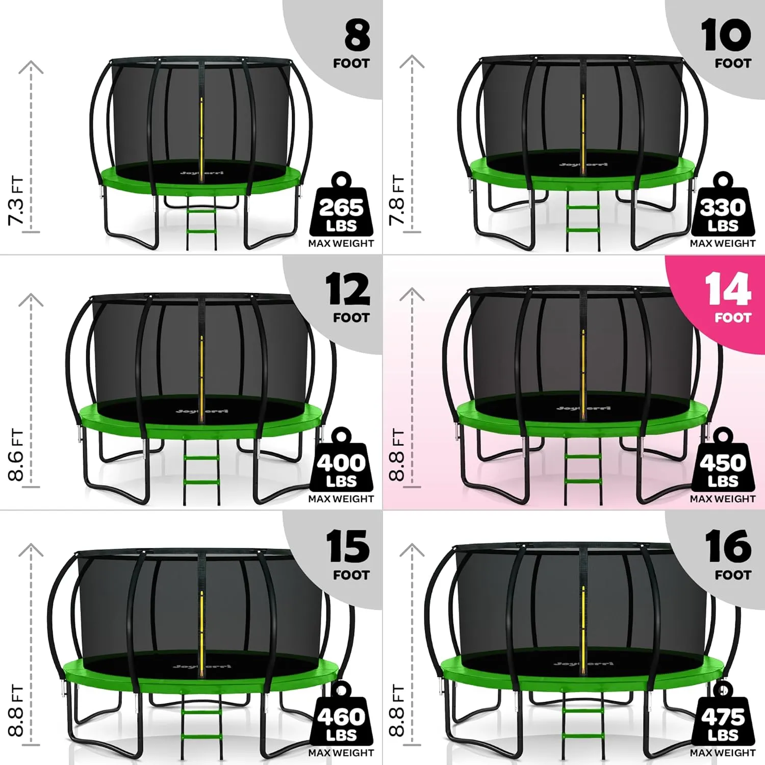 Trampoline Outdoor - ASTM Certified Safe, 8Ft, 10Ft, 12Ft, 14Ft, 15Ft, 16Ft Recreational Trampoline for Kids and Adults. Anti-Rust Coating with Enclosure Net, Ladder, Sprinkler & LED Lights