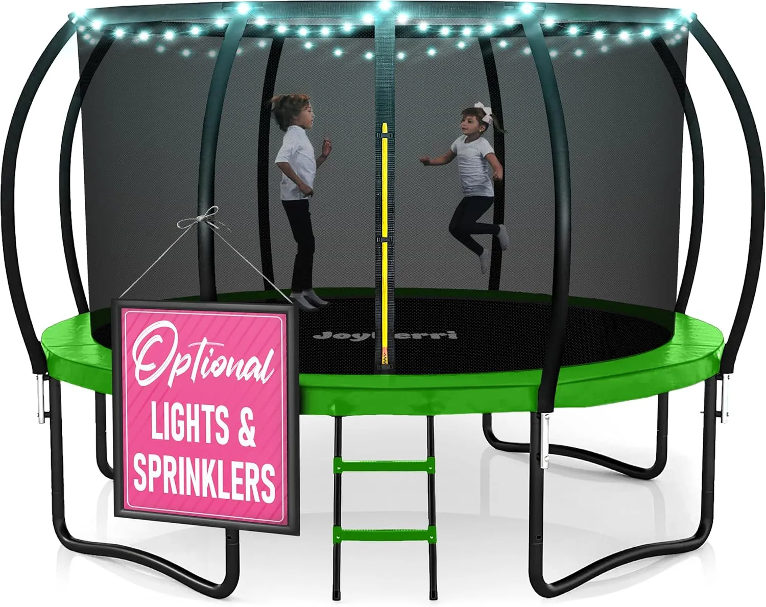Trampoline Outdoor - ASTM Certified Safe, 8Ft, 10Ft, 12Ft, 14Ft, 15Ft, 16Ft Recreational Trampoline for Kids and Adults. Anti-Rust Coating with Enclosure Net, Ladder, Sprinkler & LED Lights