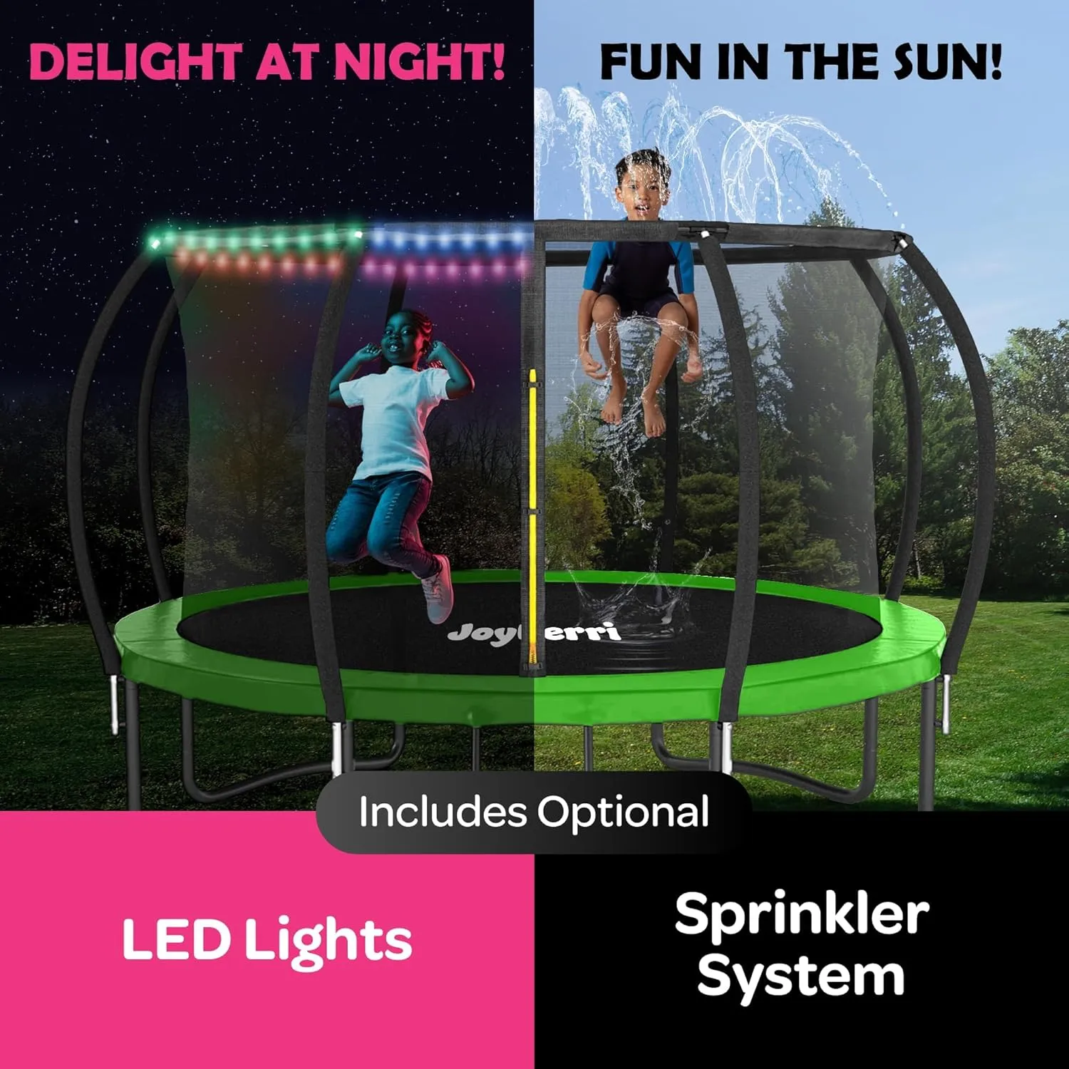 Trampoline Outdoor - ASTM Certified Safe, 8Ft, 10Ft, 12Ft, 14Ft, 15Ft, 16Ft Recreational Trampoline for Kids and Adults. Anti-Rust Coating with Enclosure Net, Ladder, Sprinkler & LED Lights