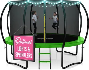 Trampoline Outdoor - ASTM Certified Safe, 8Ft, 10Ft, 12Ft, 14Ft, 15Ft, 16Ft Recreational Trampoline for Kids and Adults. Anti-Rust Coating with Enclosure Net, Ladder, Sprinkler & LED Lights